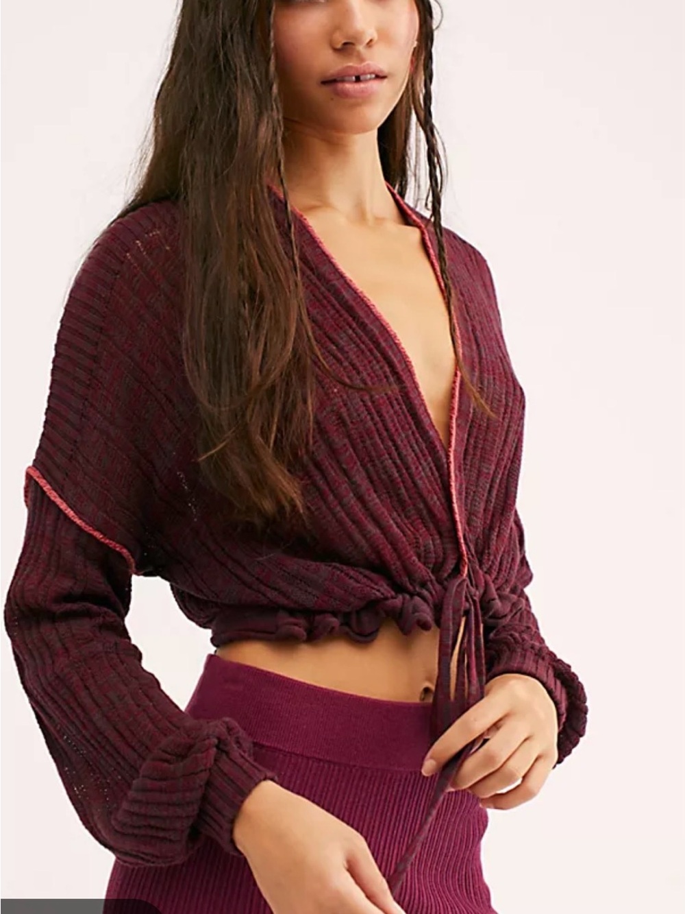 Cropped Ribbed Tie-Front Top in Deep Burgundy